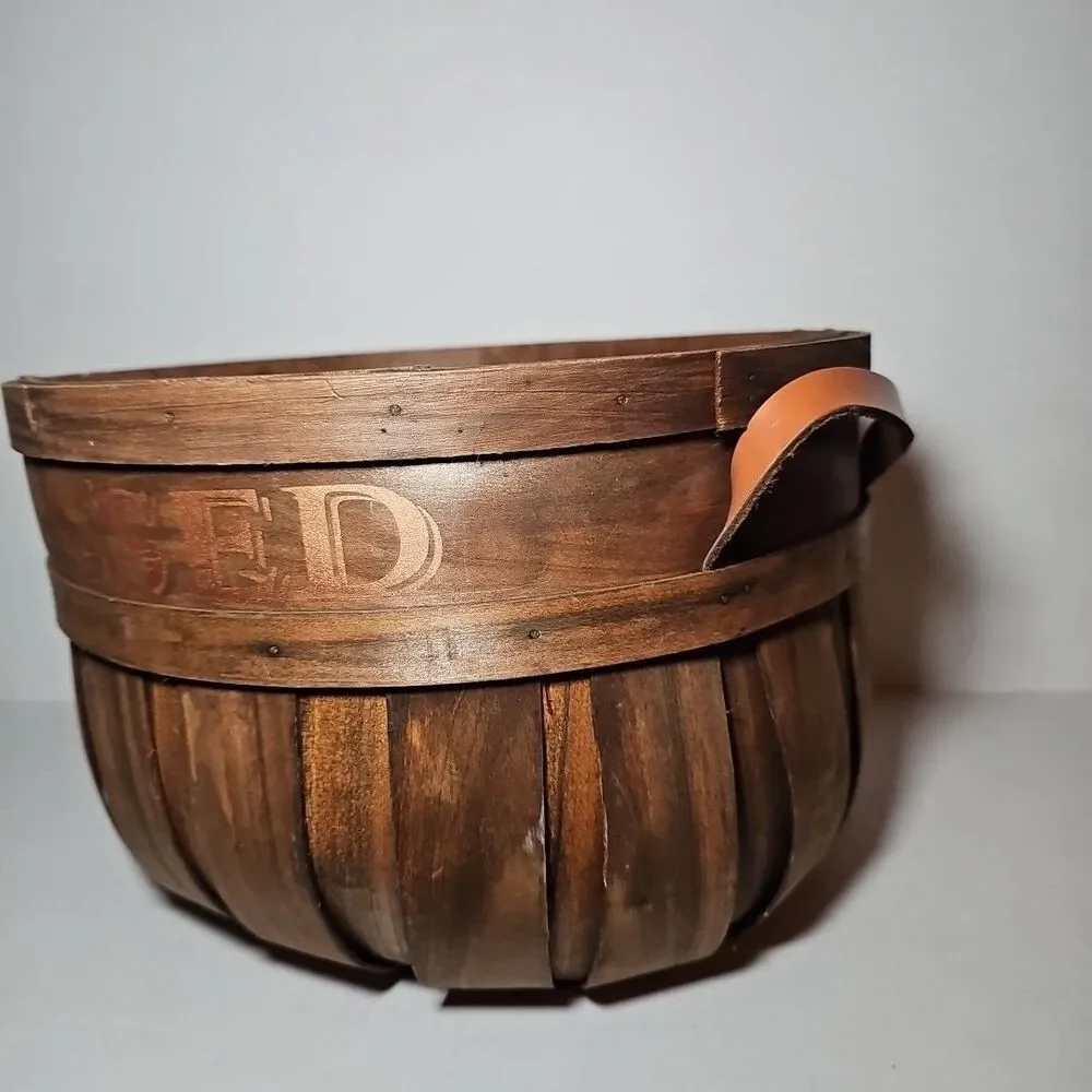 Oval Harvest Large Wooden Bread Basket with Leather Handles Blessed